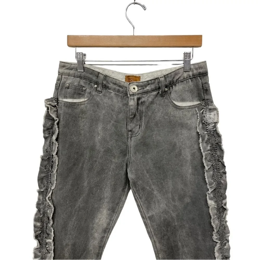 POL | Anthropologie Jeans Pol Ruffle Side Crochet Trim Mid Rise Cropped Gray M - Picture 6 of 12